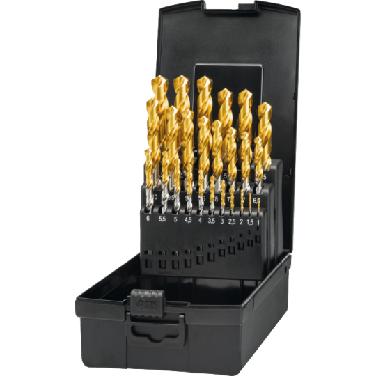 Coffret de Forets HSS-E DIN 338 avec revêtement TiN sur la partie utile, usage à la main 11.506