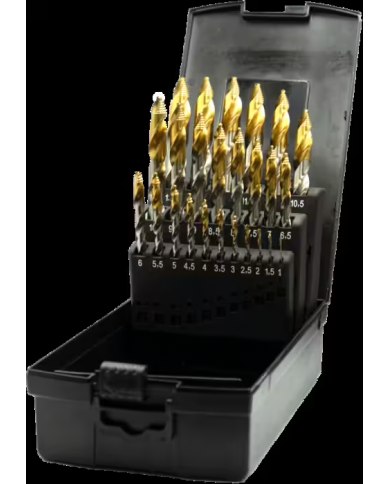 Coffret de Forets ECO PRO HSS DIN 338 Step-point, avec revêtement TiN sur la partie utile, queue à trois méplats