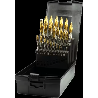 Coffret de Forets ECO PRO HSS DIN 338 Step-point, avec revêtement TiN sur la partie utile, queue à trois méplats